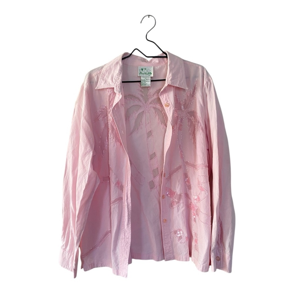 Quacker Factory Pink Palm Tree Sequin Button Up S… - image 4